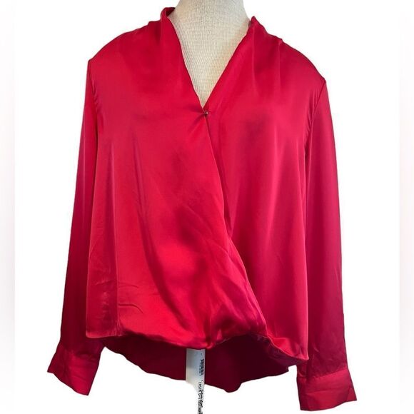 APT 9 hot pink long sleeve v neck faux wrap blouse size large - Picture 1 of 9
